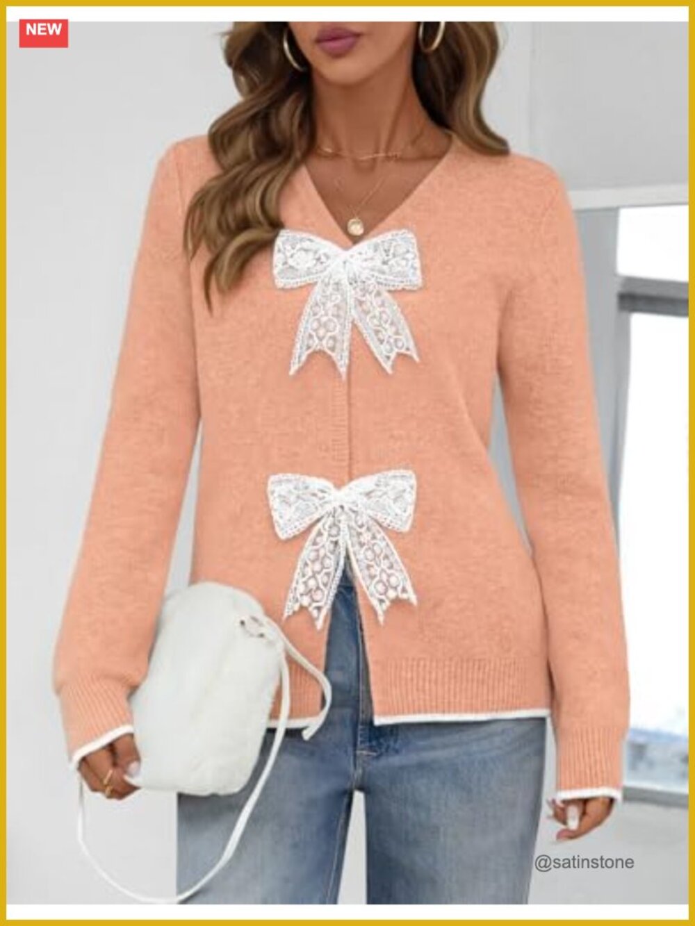 Chunky Knit Tie Front Bow Cardigan Sweater V-Neck Long Sleeve Women's Fall - Picture 5 of 6